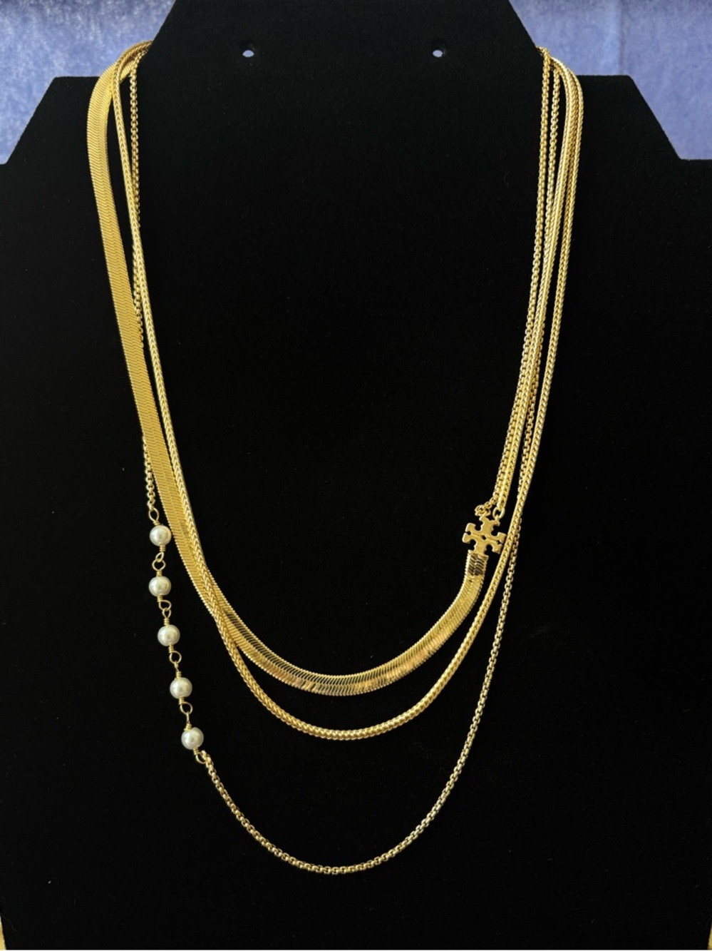 Tory Burch Kira Logo & Imitation Pearl Multi-Strand Layered Necklace 16"-18"